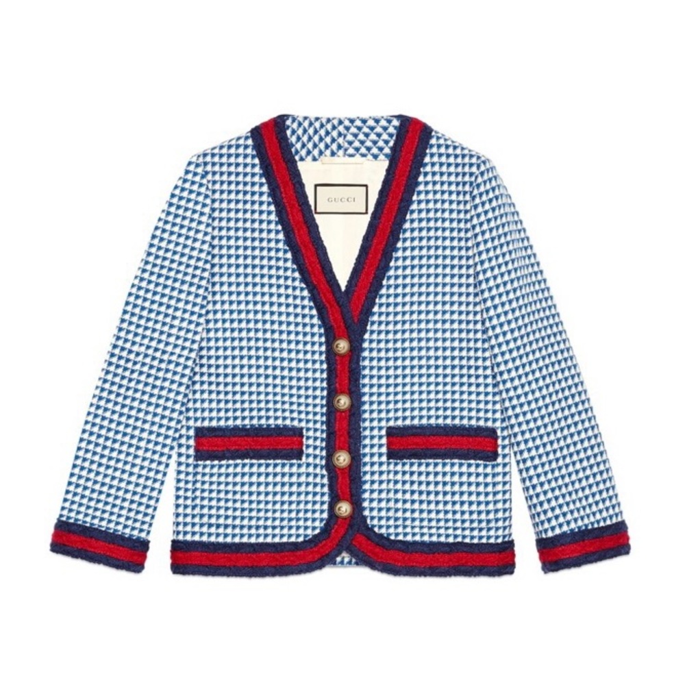 Gucci iconic herringbone Teal and cream check jacket with web detail trim